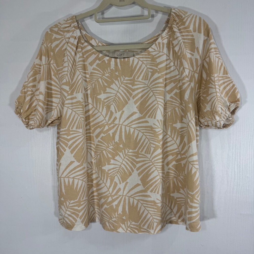 LOFT Womens Top Blouse Short Sleeve Linen Blend Palm Leaf Print Beige Size S